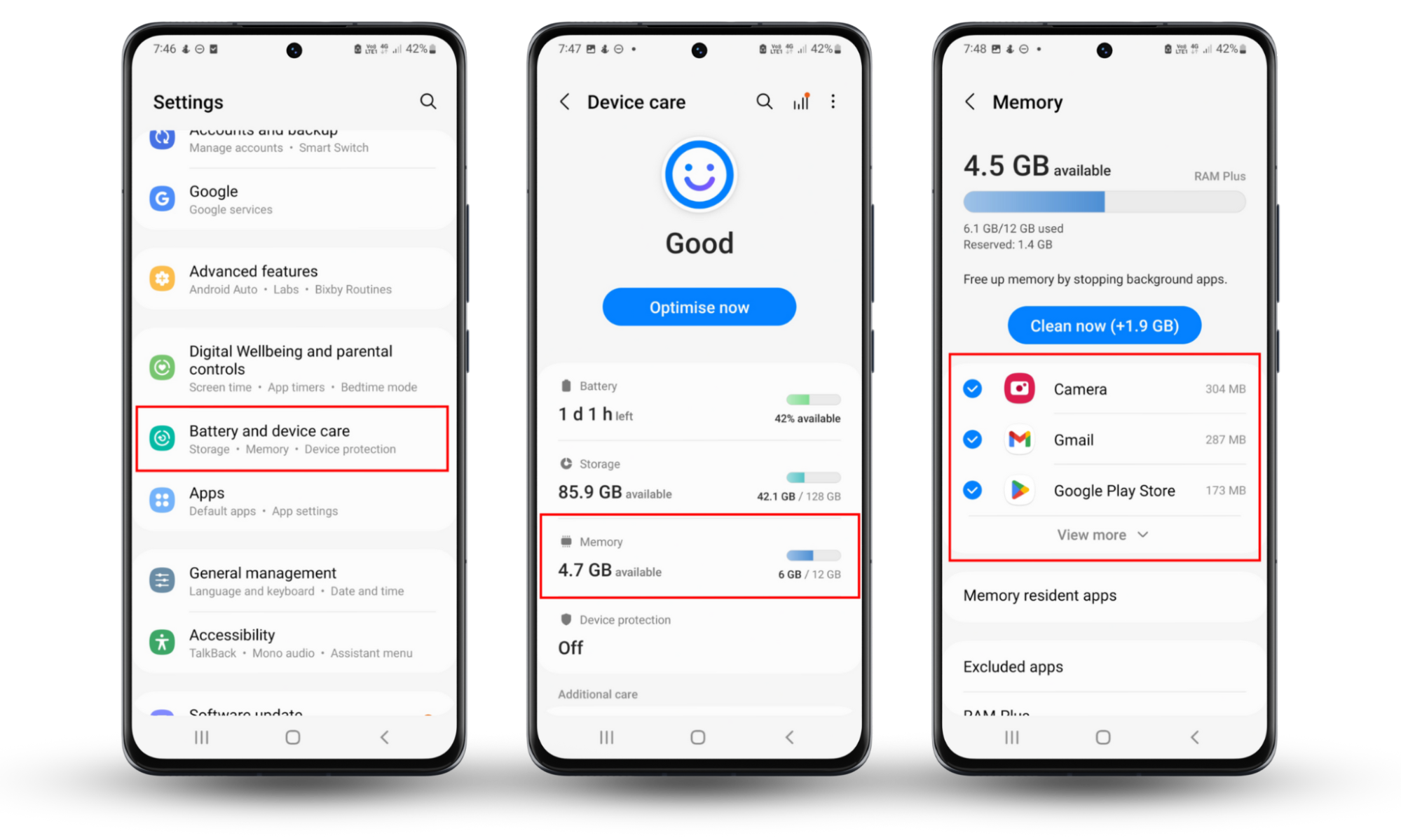 Thoroughly scan your phone to remove apps you don’t remember downloading and inspect which apps are utilizing the most of your RAM. On your Android, tap Settings > Battery and Device Care, then go to Memory.