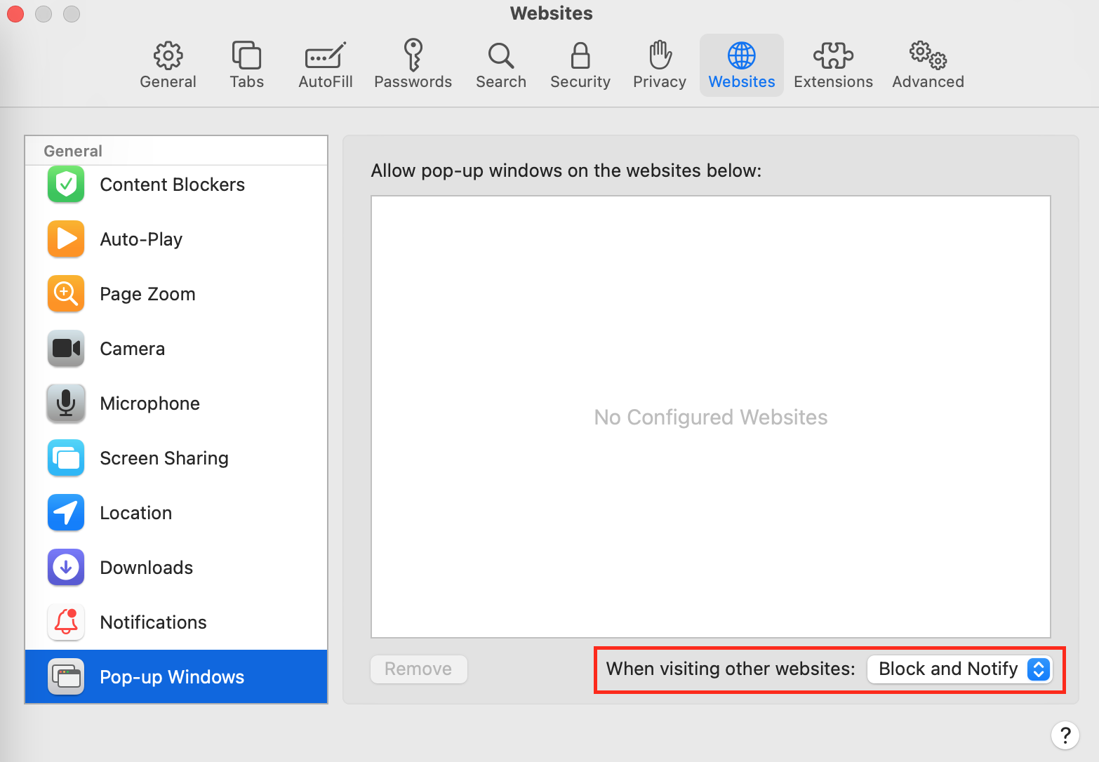 Safari pop-up settings