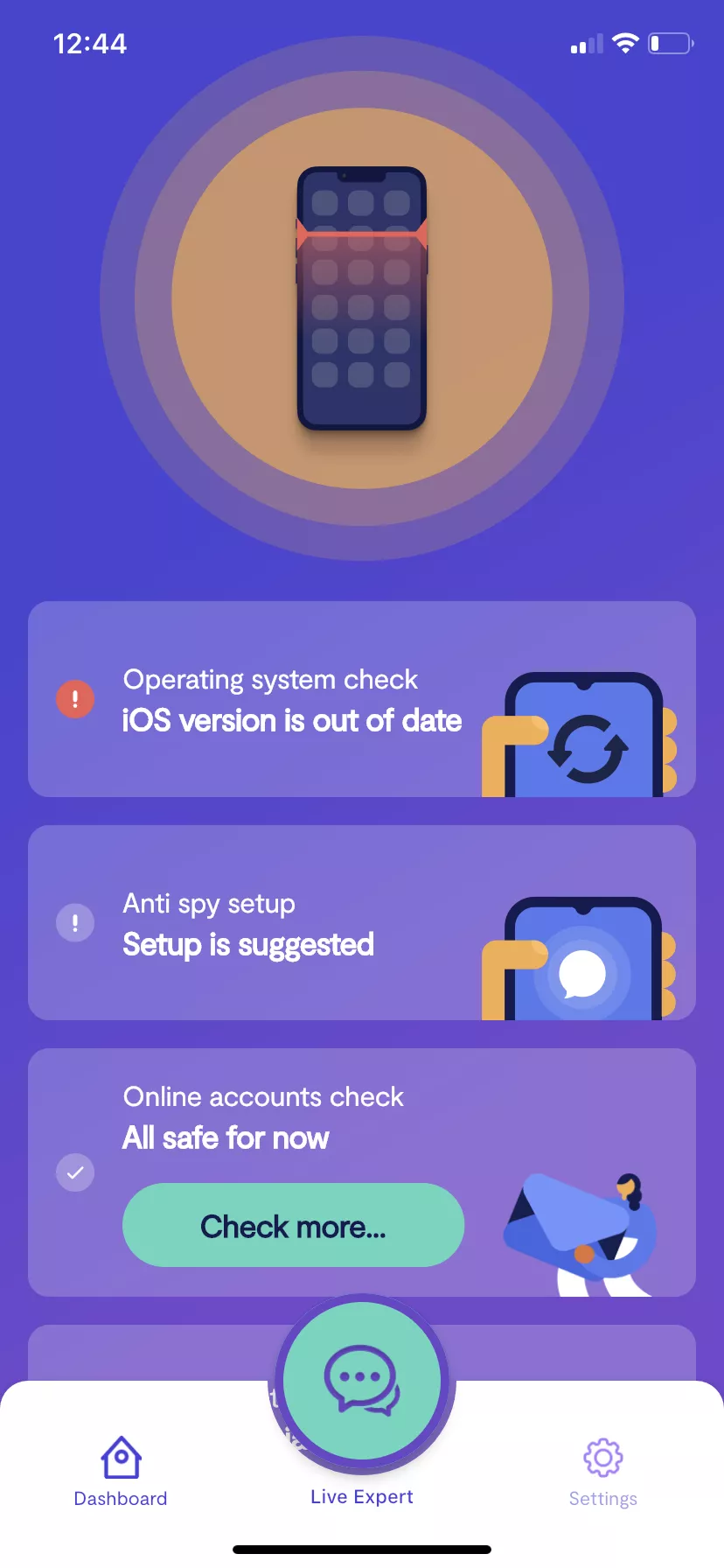 Clario Antispy Dashboard som visar funktionen online -konton Kontrollera