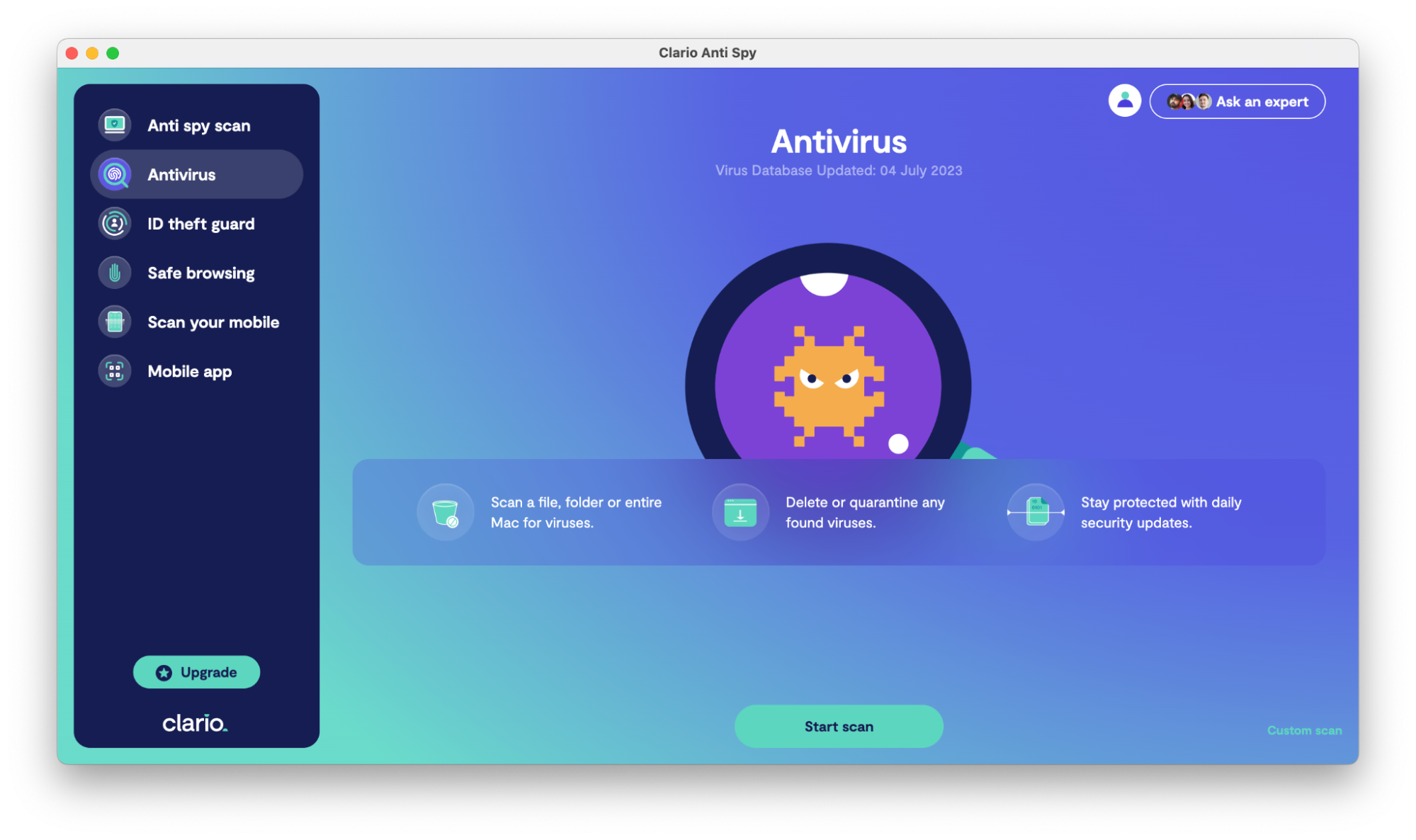 Clario AntiSpy dashboard showing the antivirus menu