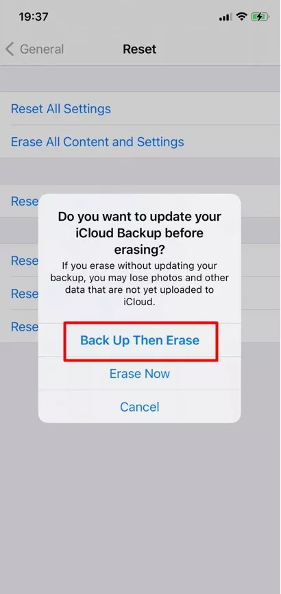 icloud Back up then erase option