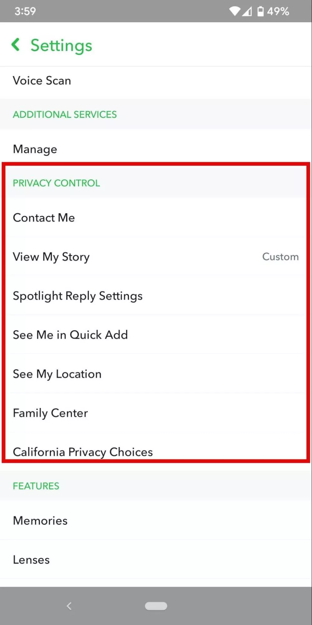 Skärmdump av Snapchat Mobile App -inställningar för att visa var du ska komma åt sekretesskontrollinställningar