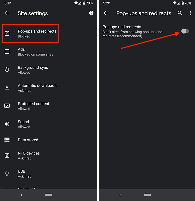 Turn off Pop-ups and redirects Turn off Pop-ups and redirects