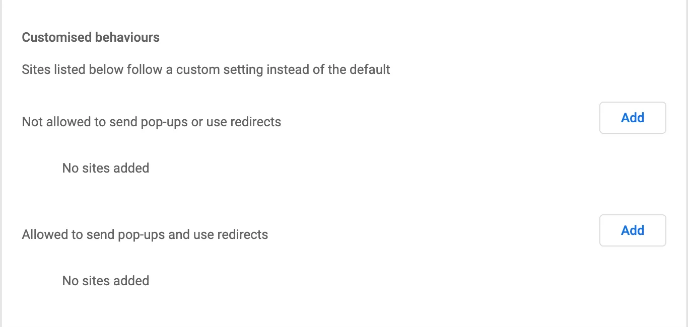 Pop-ups and redirects > Customised behaviors