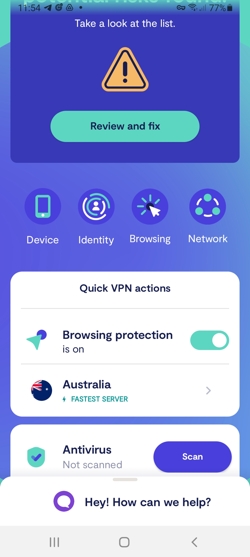 Clario Android dashboard with VPN switched on Clario Android dashboard with VPN switched on