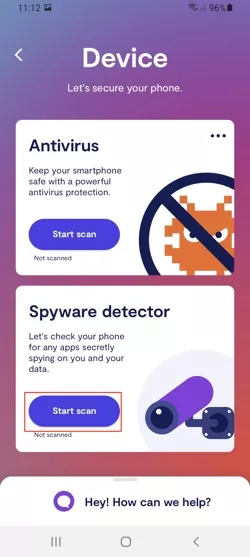 Clario Android device screen with spyware detector