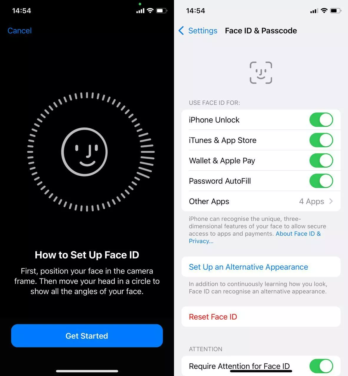 إعداد Face ID/ إضافة بصمة الإصبع