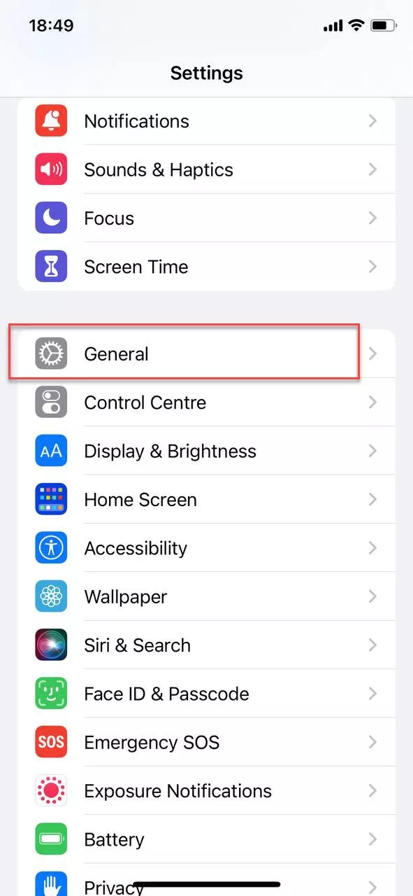 Go to General settings on an iPhone