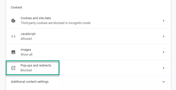 Site Settings > Pop-ups and redirects