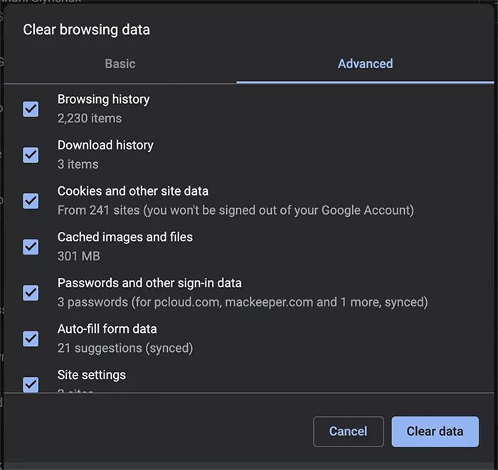 Clear ALL browsing data in Chrome