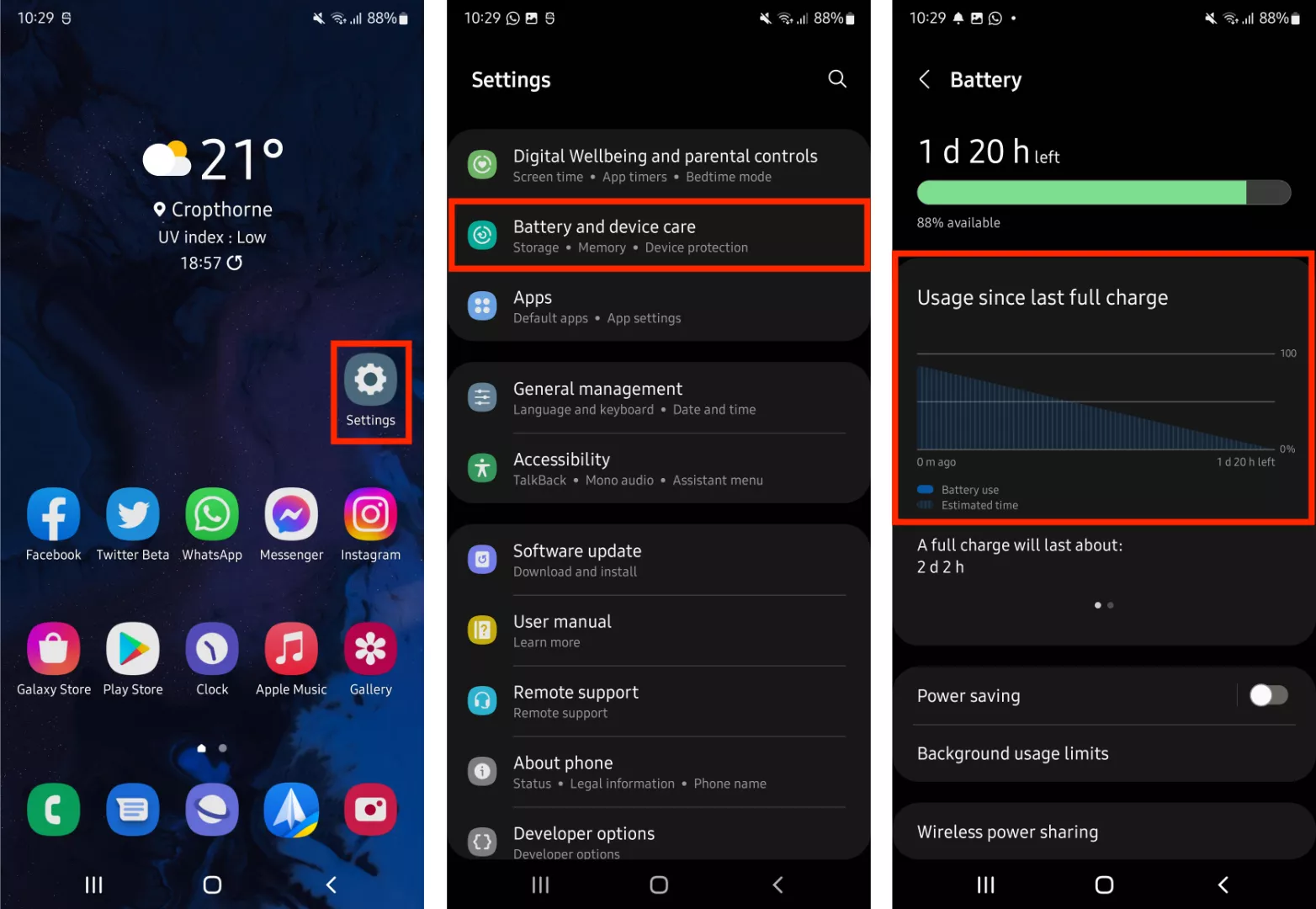Configurações no Android > Cuidados com a bateria e o dispositivo