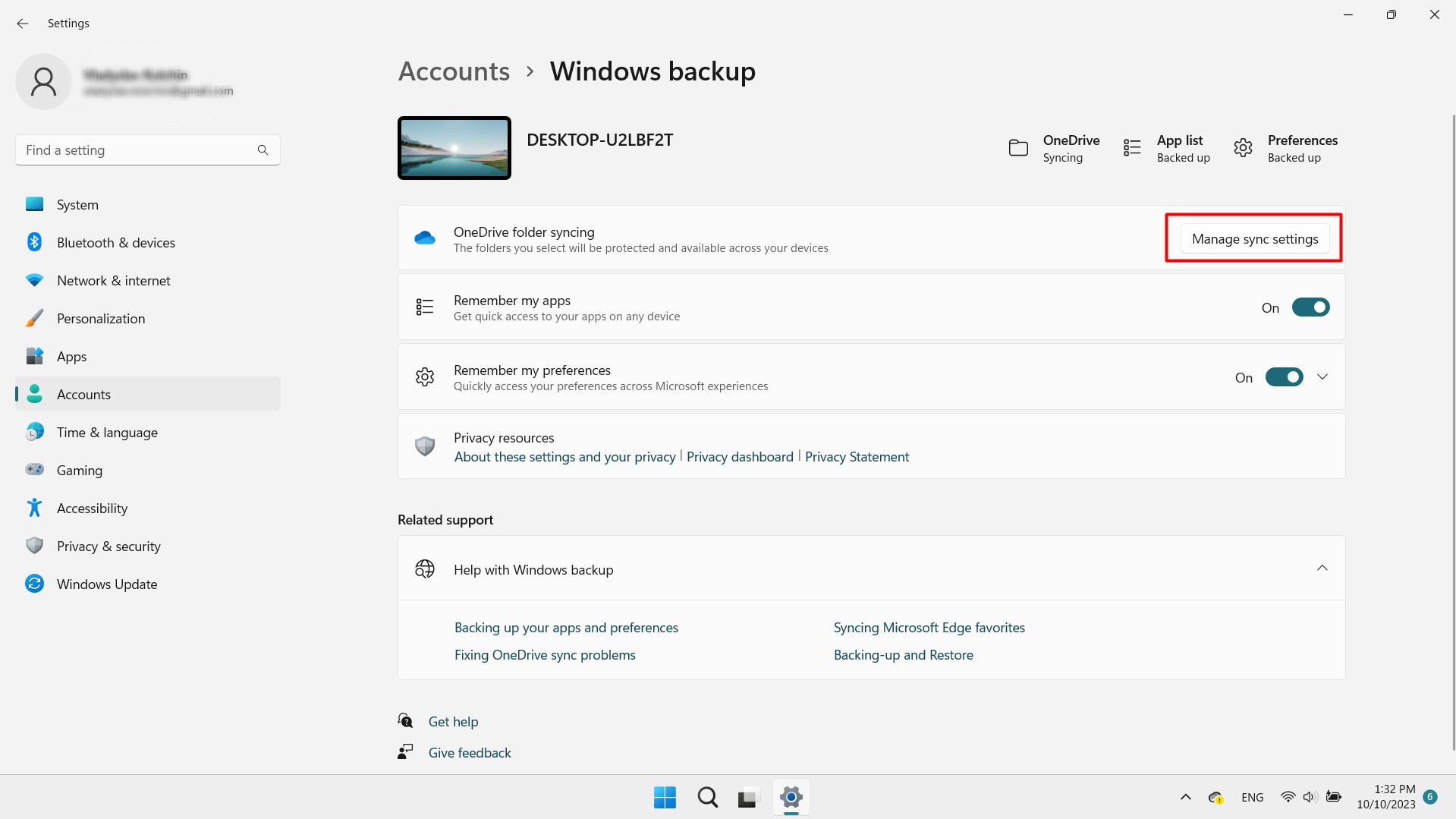 Managing sync settings in the Windows backup window.