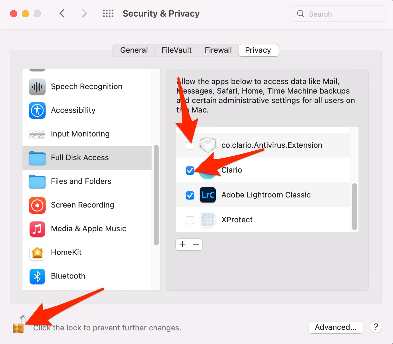 System Preferences > Security & Privacy > Full Disk Access System Preferences > Security & Privacy > Full Disk Access