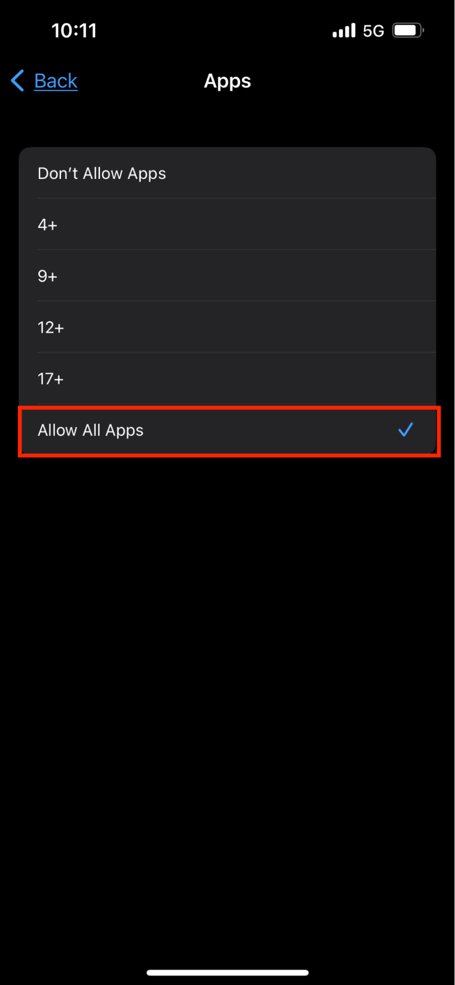 Content Restrictions > Apps > Allow All Apps Content Restrictions > Apps > Allow All Apps