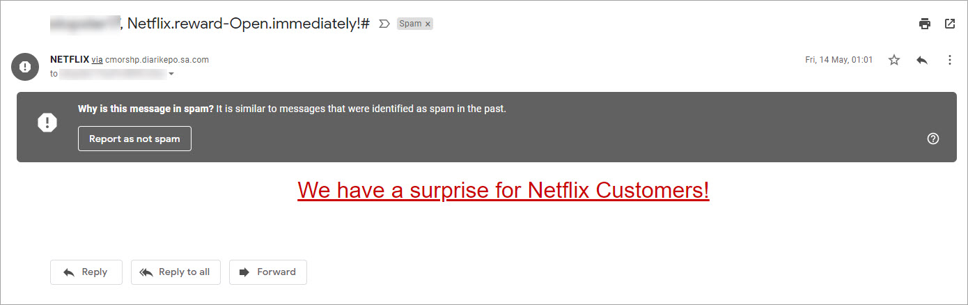 This phishing email screenshot claims to be from Netflix and attempts to trick the user by claiming to have surprise in store. This phishing email screenshot claims to be from Netflix and attempts to trick the user by claiming to have surprise in store.