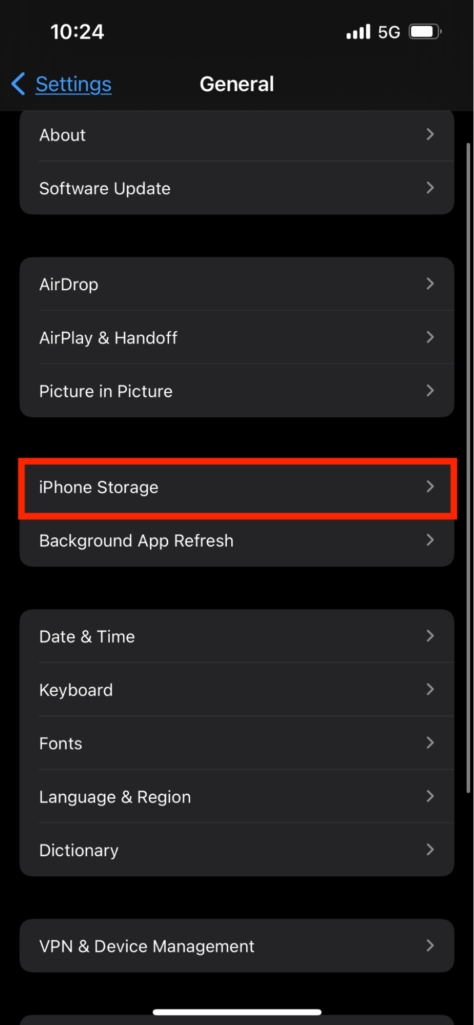 Settings > General > iPhone Storage Settings > General > iPhone Storage