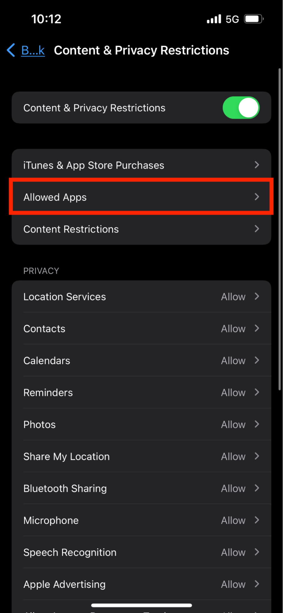 Content & Privacy Restrictions > Allowed apps Content & Privacy Restrictions > Allowed apps