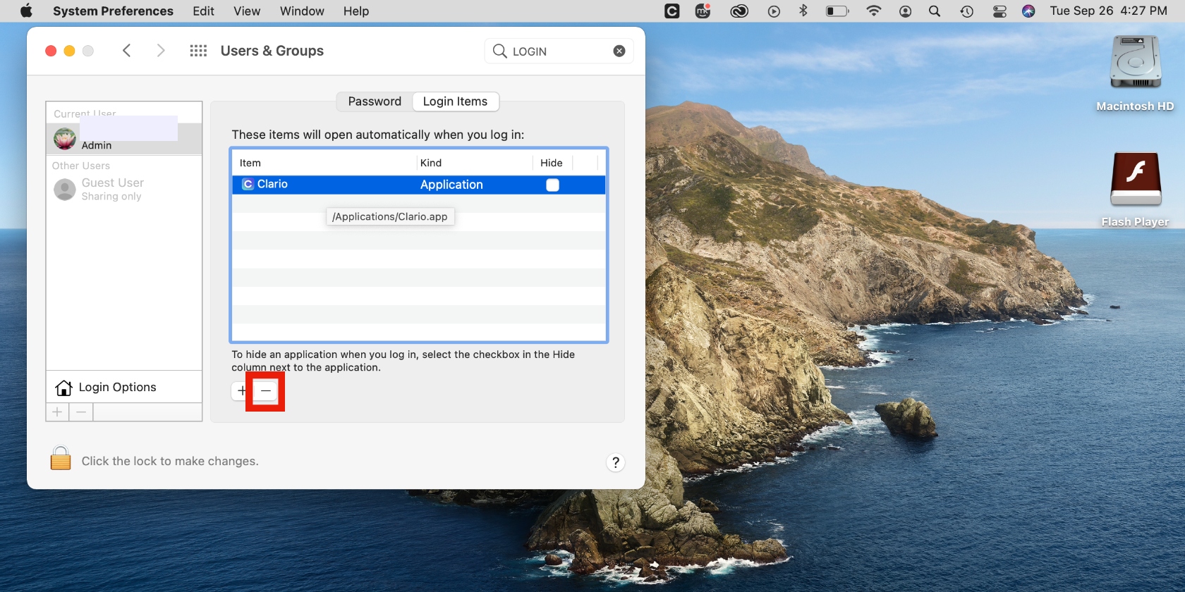 Removing a Login Item on Mac in System Preferences on a Mac.