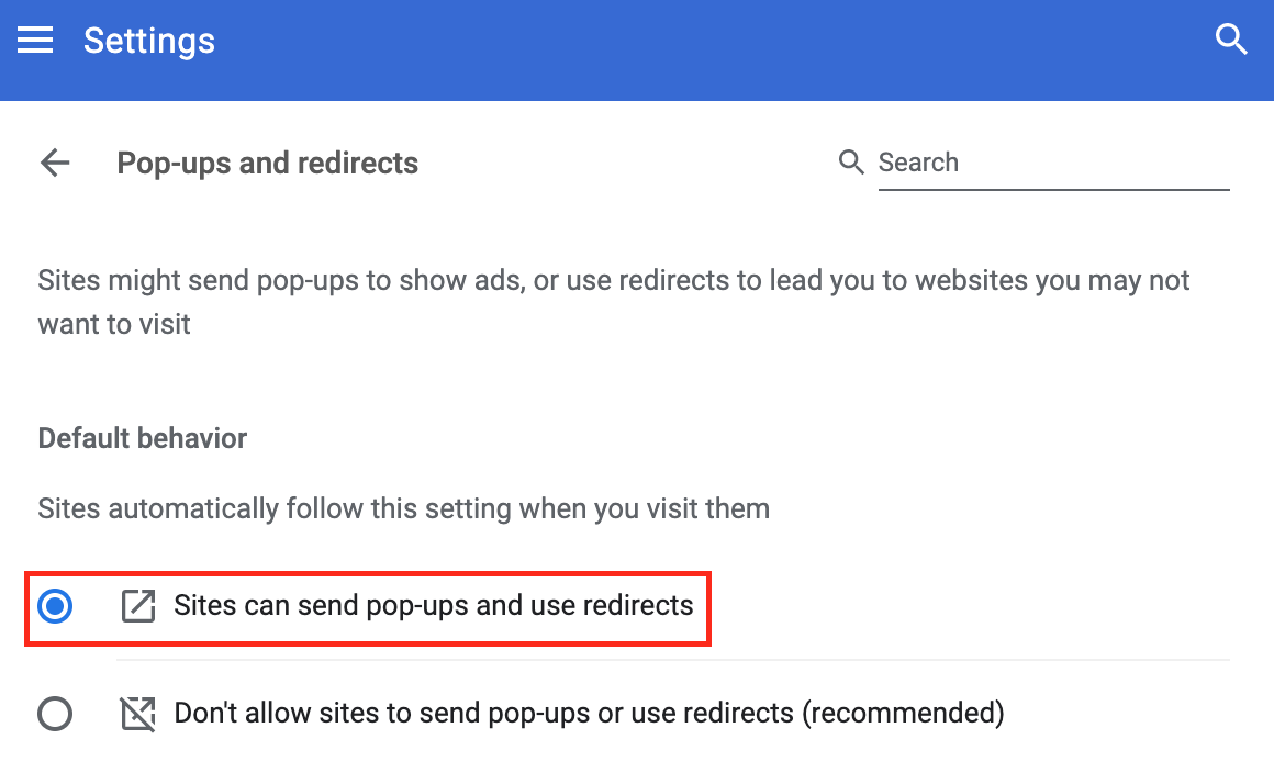 how to allow pop ups on google chrome control