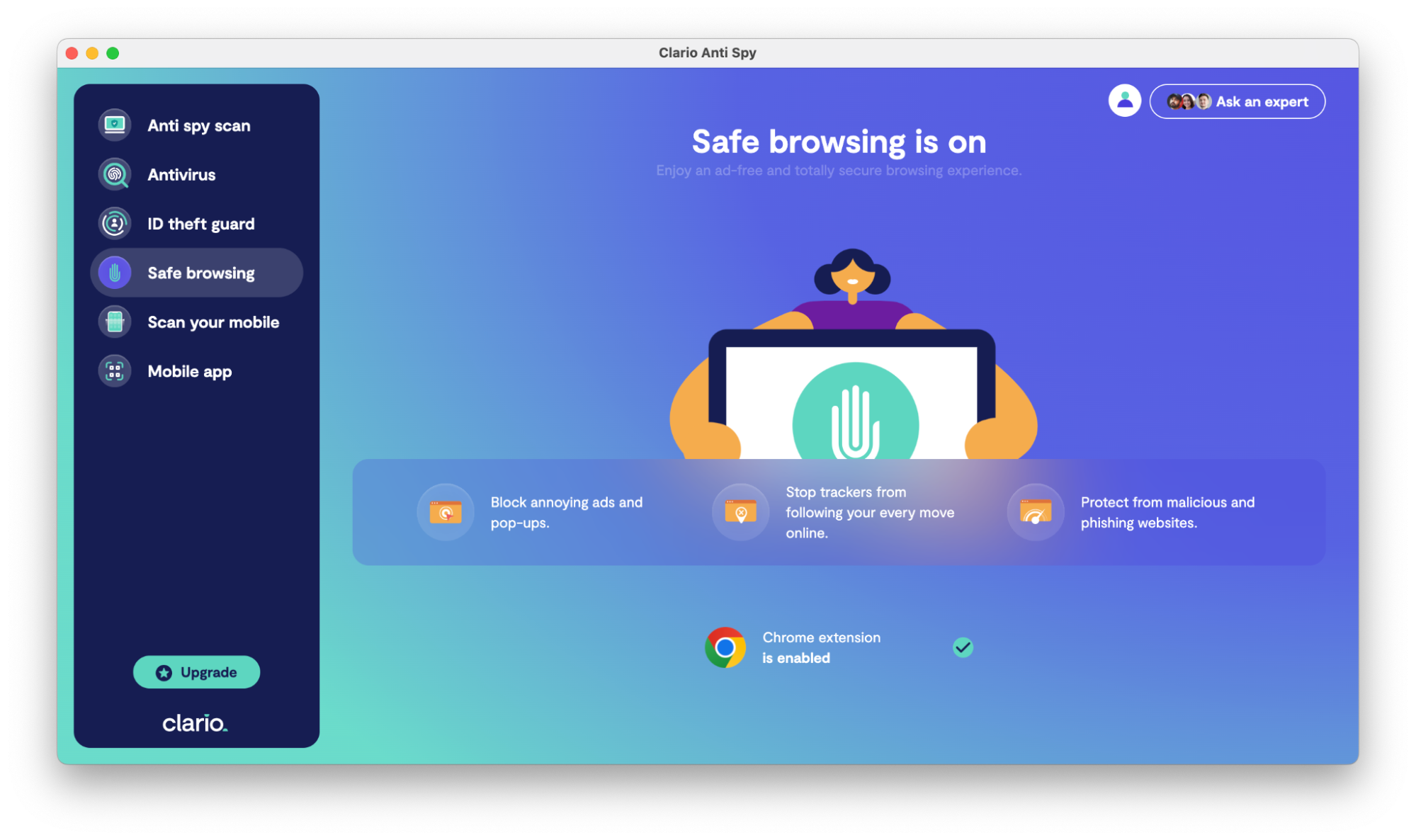 Clario AntiSpy dashboard showing how to use Safe browsing feature Clario AntiSpy dashboard showing how to use Safe browsing feature