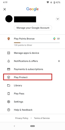 Google Play settings > Play Protect Google Play settings > Play Protect