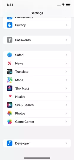 iOS Settings menu.