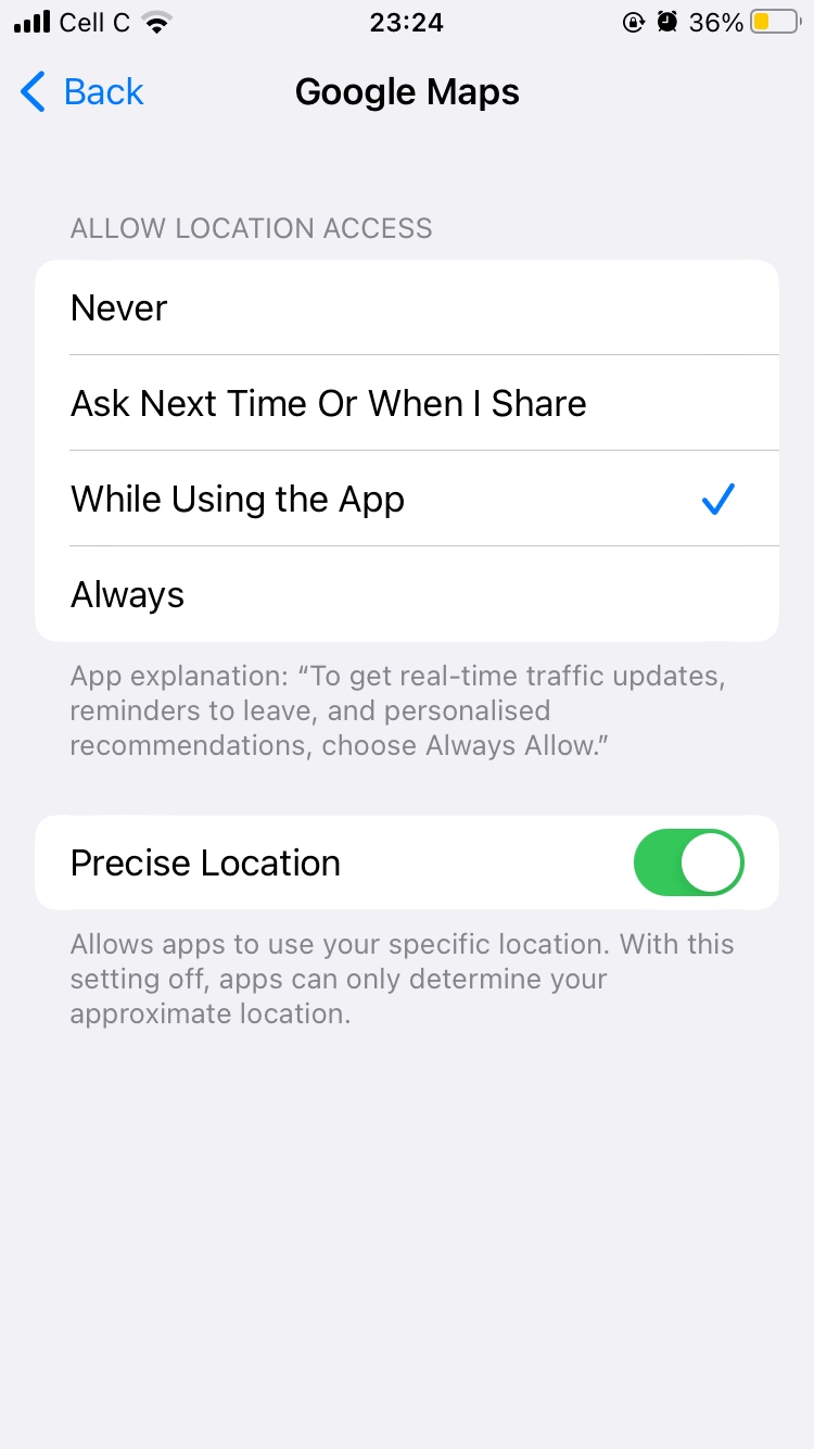 The While Using App option is selected in Google Maps location settings on an iPhone. The While Using App option is selected in Google Maps location settings on an iPhone.