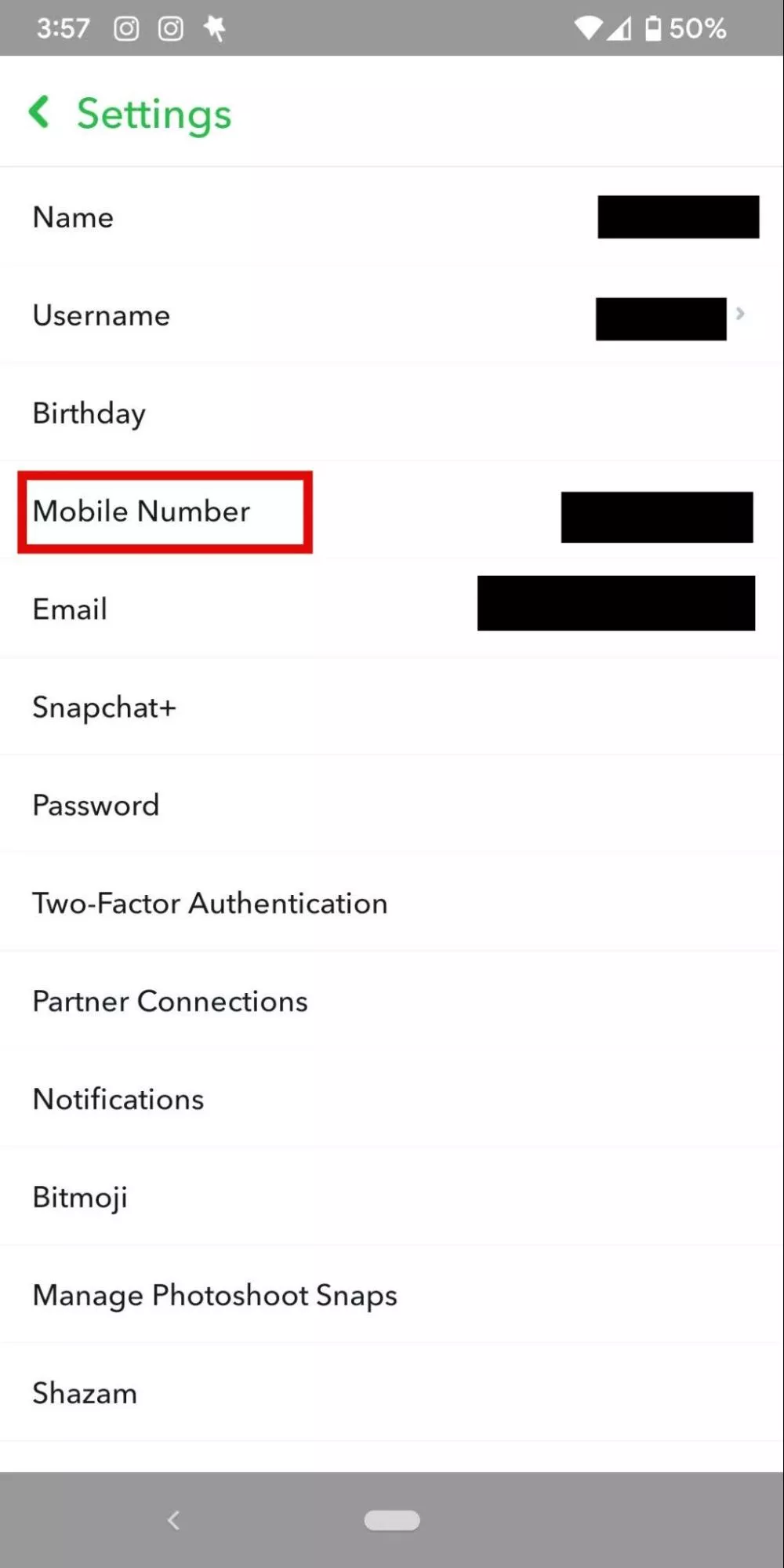 شاشة Snapchat Mobile App Setting Screen لإظهار مكان التحقق من رقم الهاتف المحمول