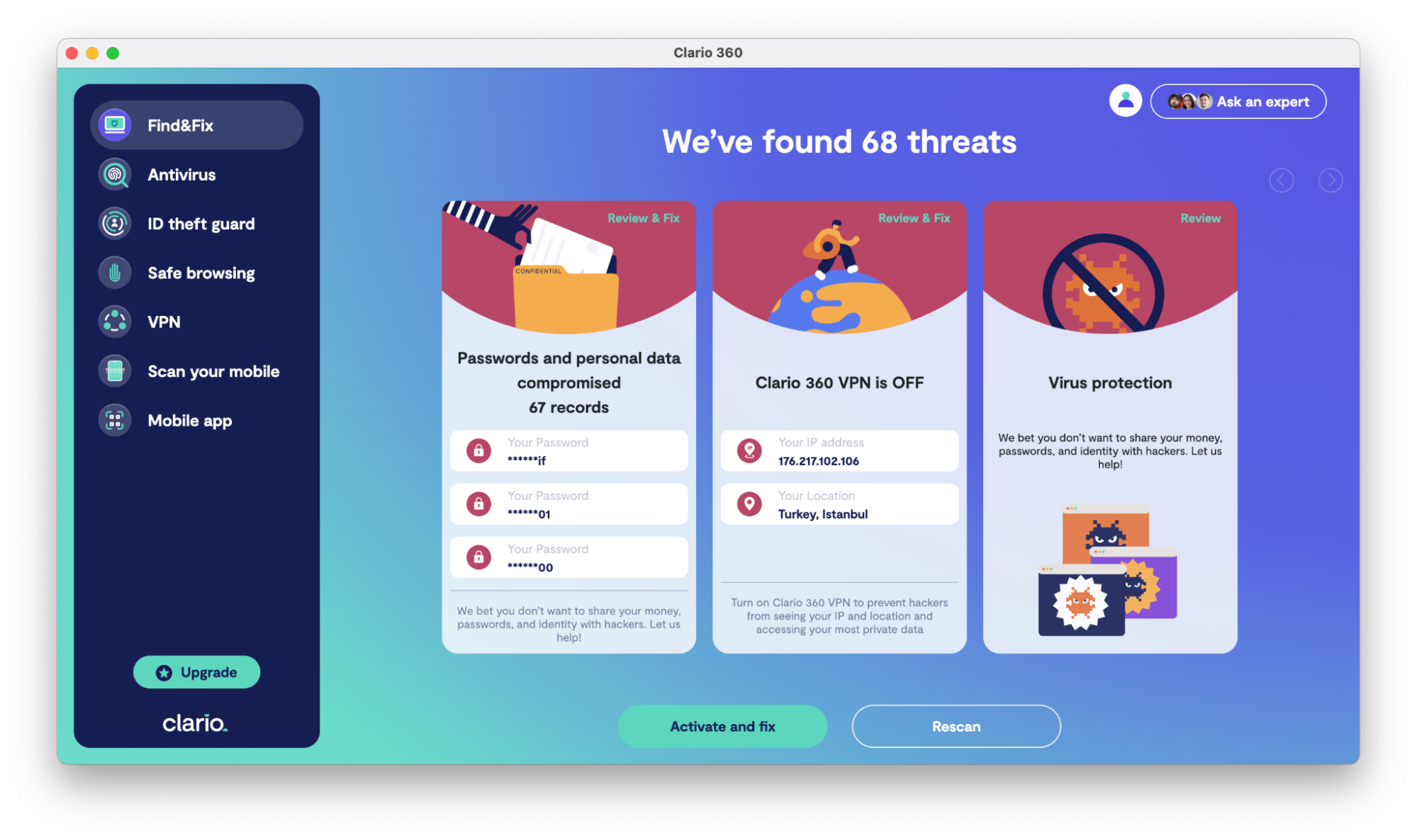 Dashboard in the Clario desktop app showing the threats that clario found and offering to fix them. Dashboard in the Clario desktop app showing the threats that clario found and offering to fix them.