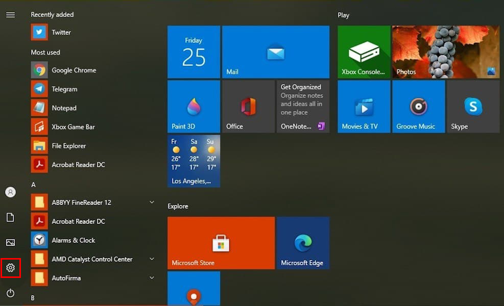 Click on a cog in the Start menu to enter Settings Click on a cog in the Start menu to enter Settings