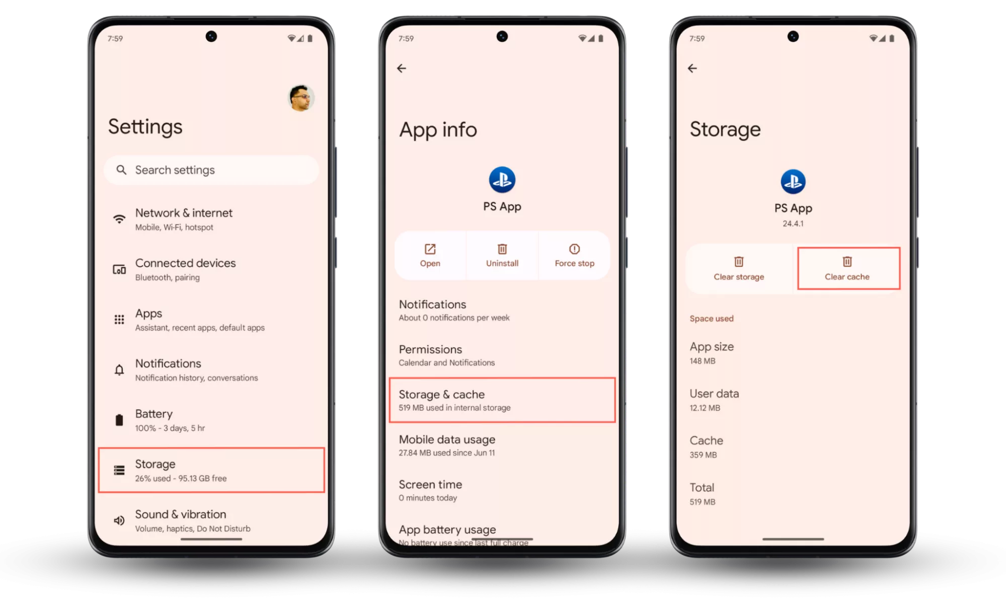 Screenshots that demonstrate how to clear an app's cache on Android by - How To Get My Phone To Stop Glitching