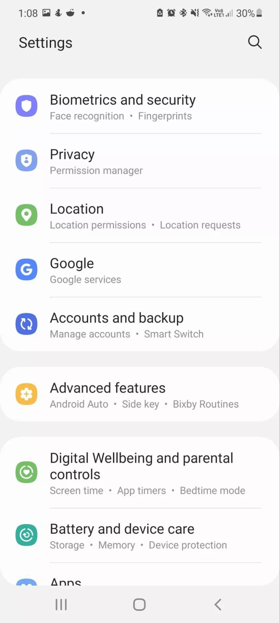 Tap Biometrics and Security in Android settings