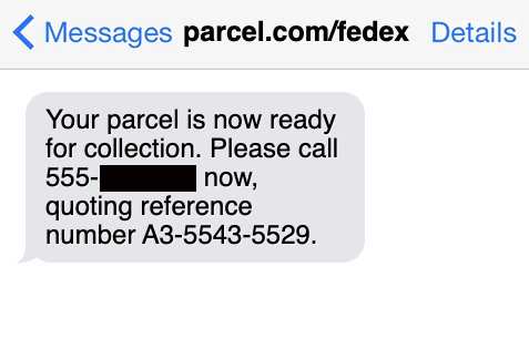 Fake parcel delivery smishing message Fake parcel delivery smishing message