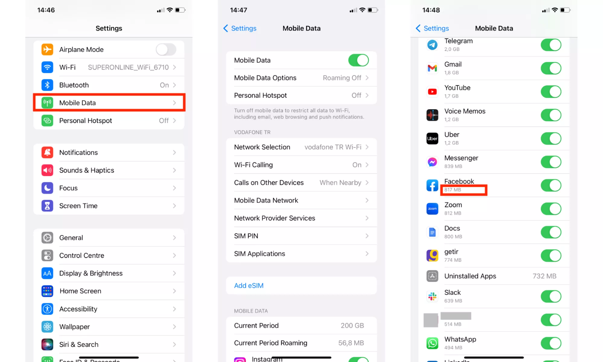 On-screen instruction on how to check data usage per app on your iPhone