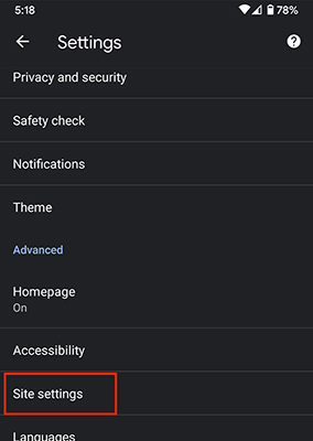 Tap Site settings Tap Site settings