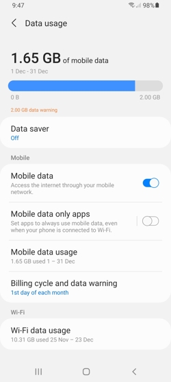 Android Settings data usage screen. Android Settings data usage screen.