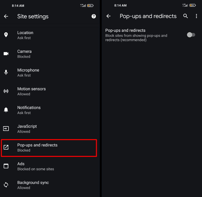 These Chrome screenshots on Android show you the Chrome setting you must check to make sure that browser ads and pop-ups are disabled. These Chrome screenshots on Android show you the Chrome setting you must check to make sure that browser ads and pop-ups are disabled.