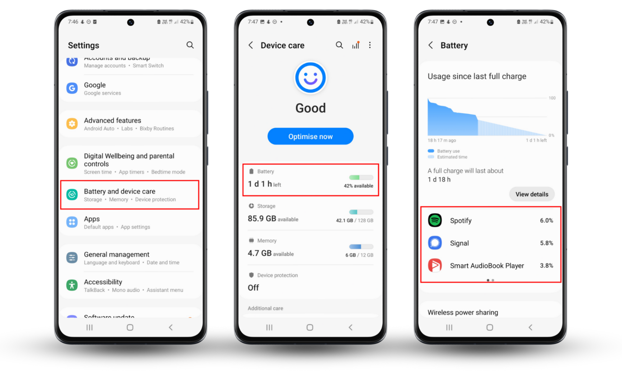 Battery problems are a sign that your phone is tapped. On an Android device, head to Settings > Battery and Device Care > Battery to see which apps use the most of your battery.