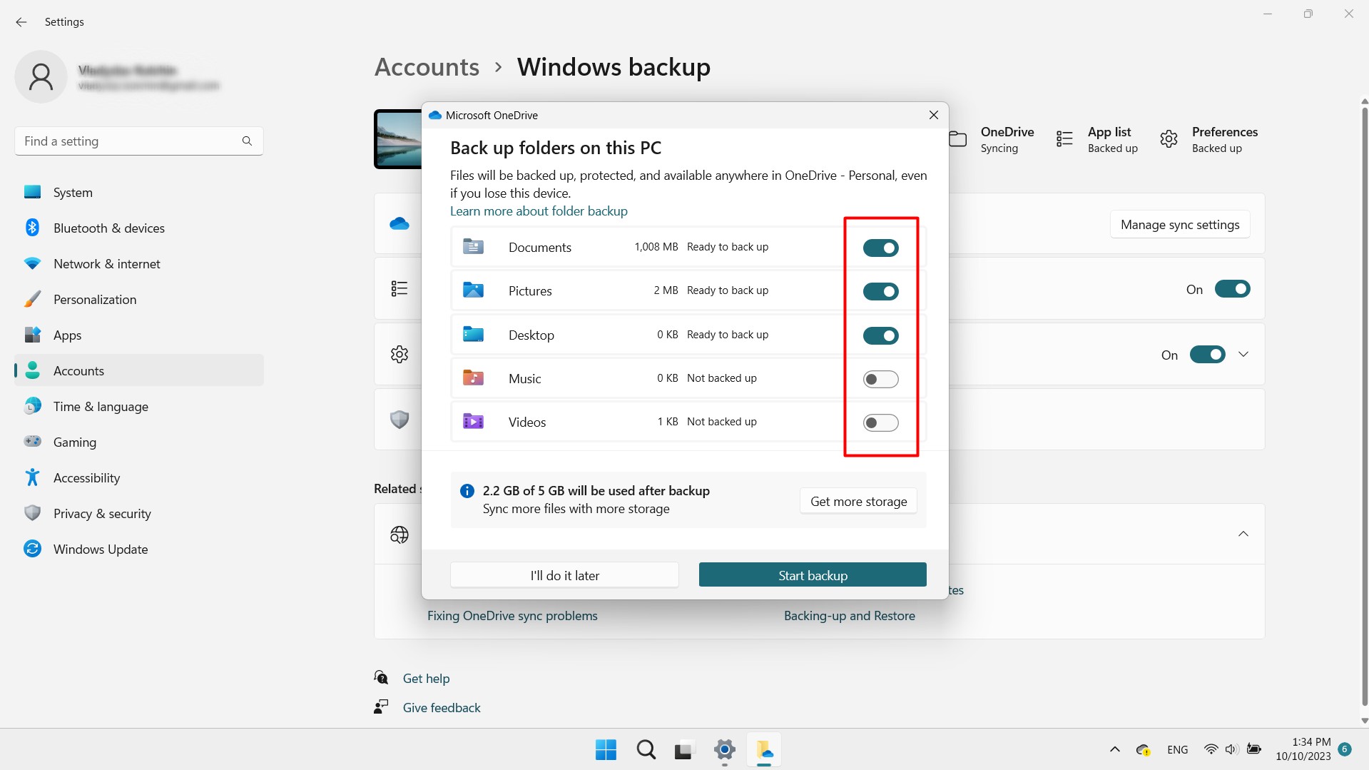 Selecting folders to backup to OneDrive.