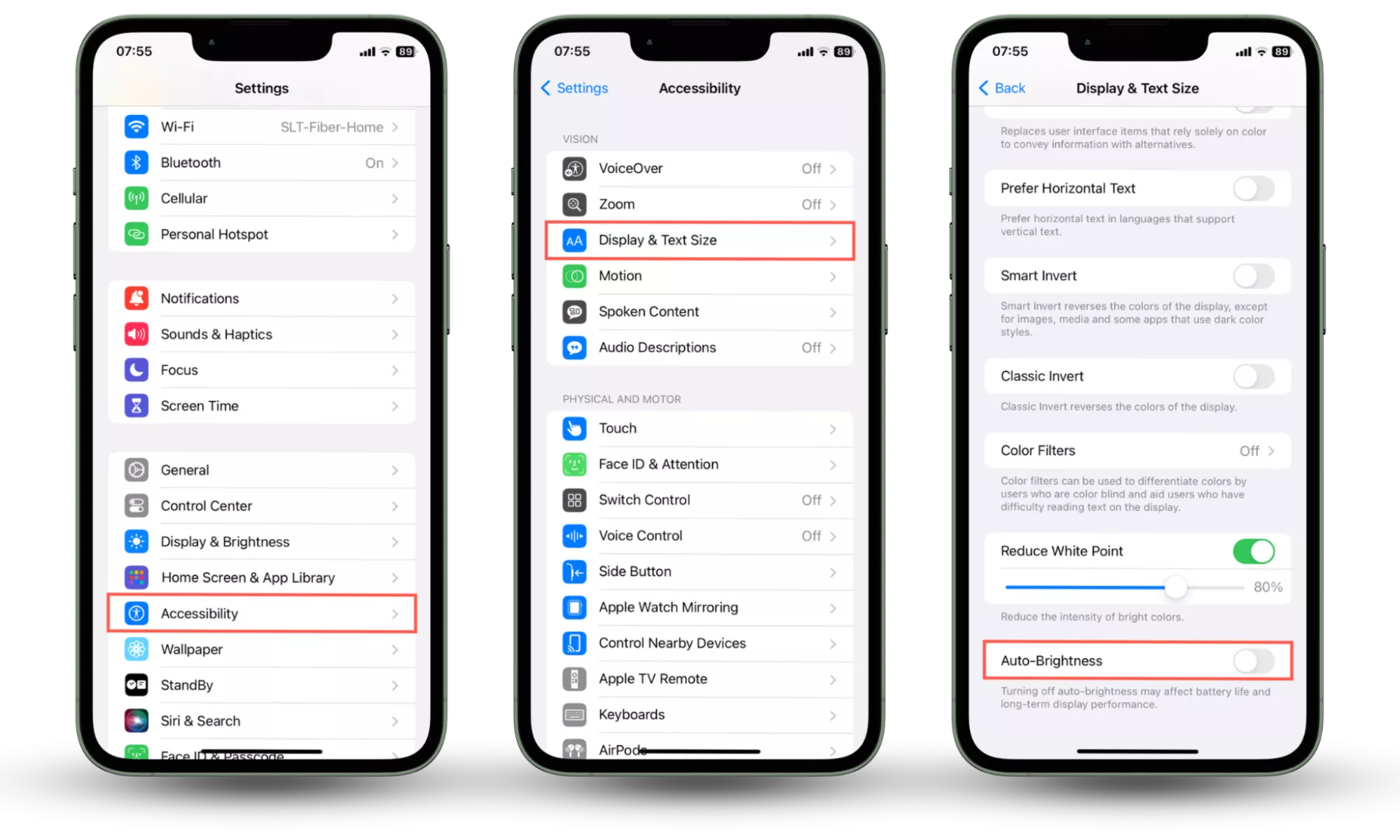 Screenshots that demonstrate how to disable auto-brightness on iOS - How To Get My Phone To Stop Glitching