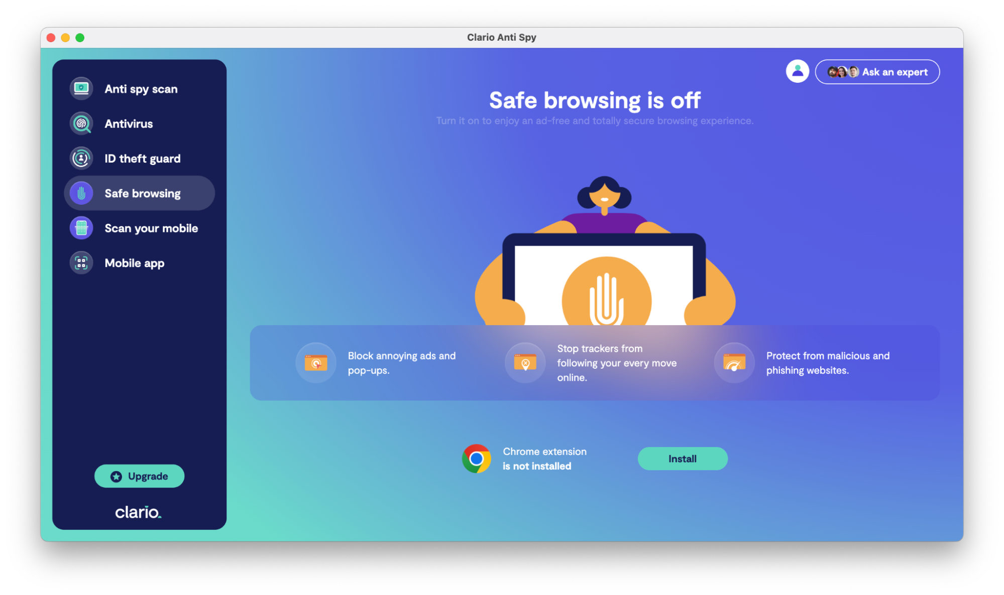 A screenshot of the Clario AntiSpy tool showing a drop down menu including the Clario Safe browsing extension for Chrome browser A screenshot of the Clario AntiSpy tool showing a drop down menu including the Clario Safe browsing extension for Chrome browser
