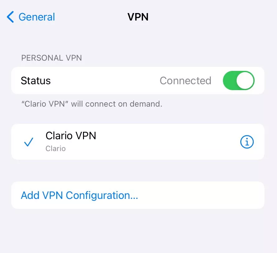 Switch your VPN on and off by tapping the Status button in VPN settings.