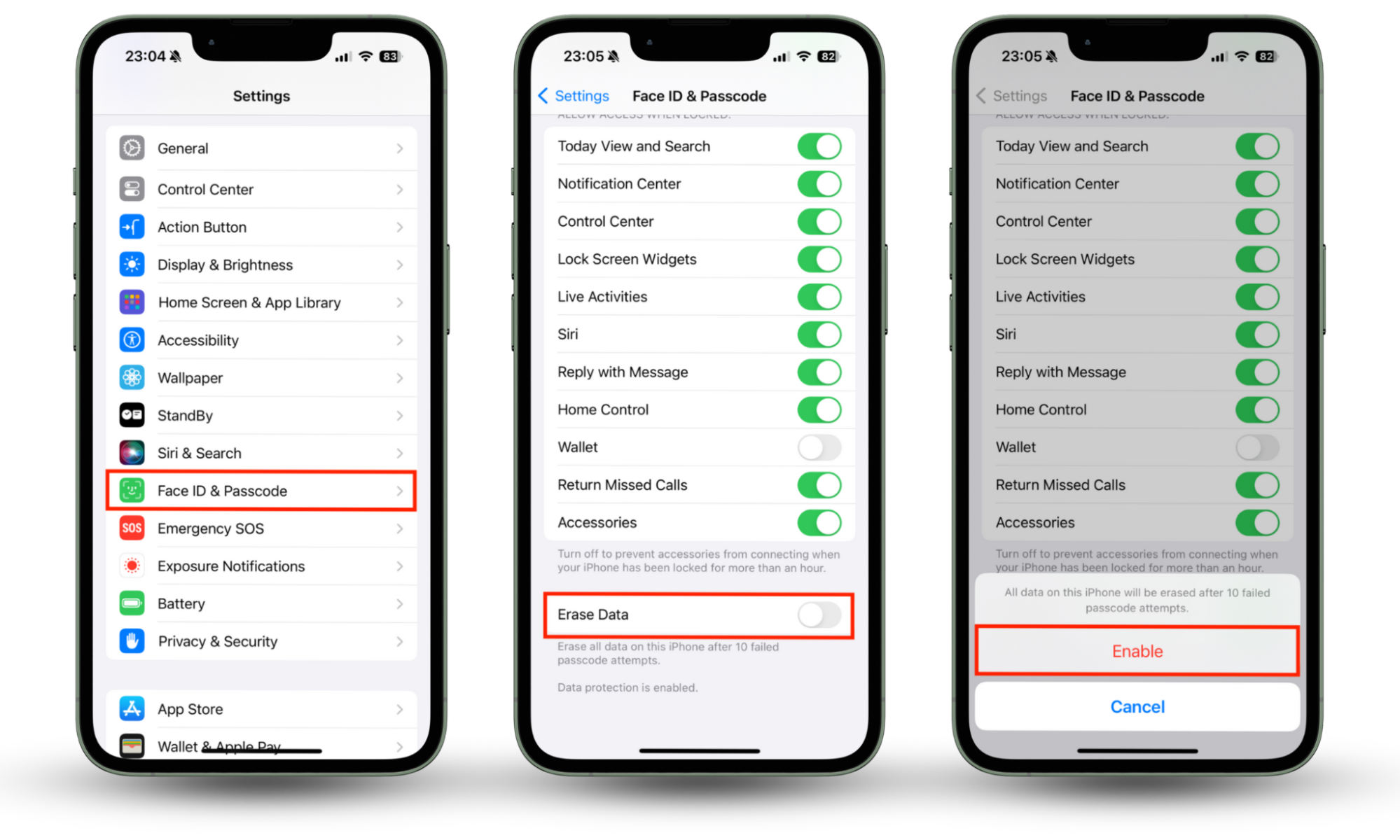 The Erase Data feature inside the Face ID menu on iPhone. Go to Settings > Face ID & Passcode and enable the Erase Data option. This activates self-destruct mode, which clears all data on your iPhone if it is compromised by hackers.