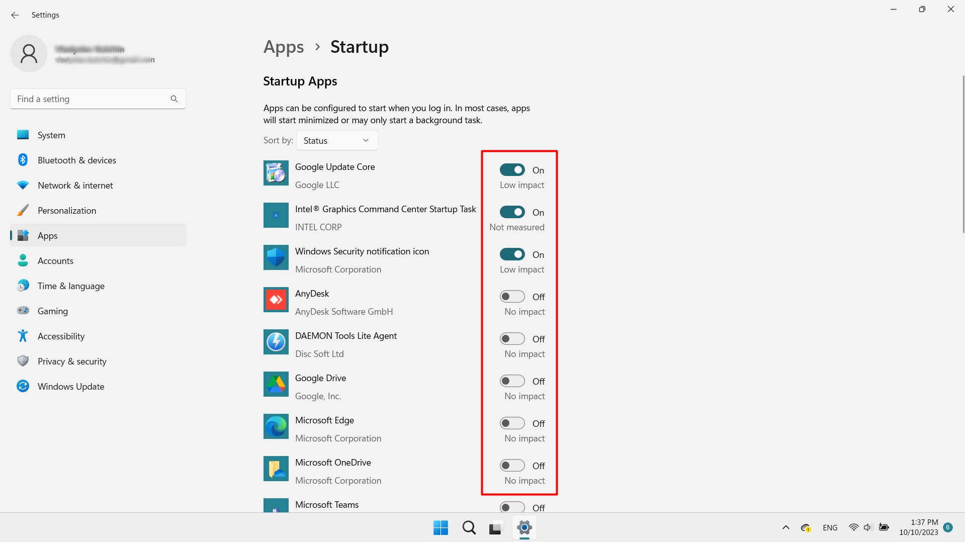 Removing apps from startup in Windows app settings.