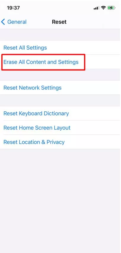 Tap Erase All Content and Settings