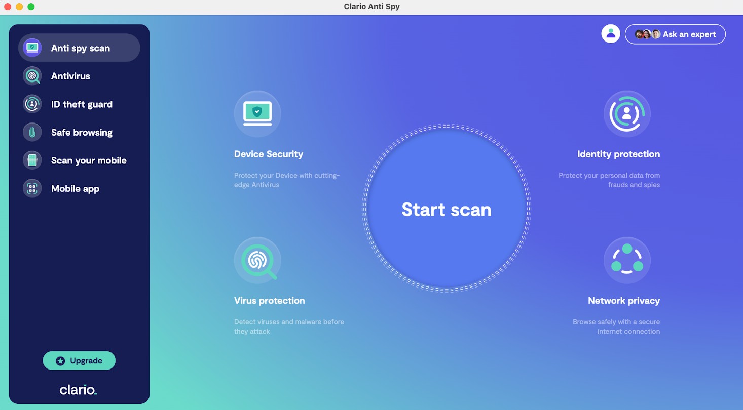 Clario AntiSpy dashboard with the sidebar menu showing how to conduct the Anti spy scan Clario AntiSpy dashboard with the sidebar menu showing how to conduct the Anti spy scan