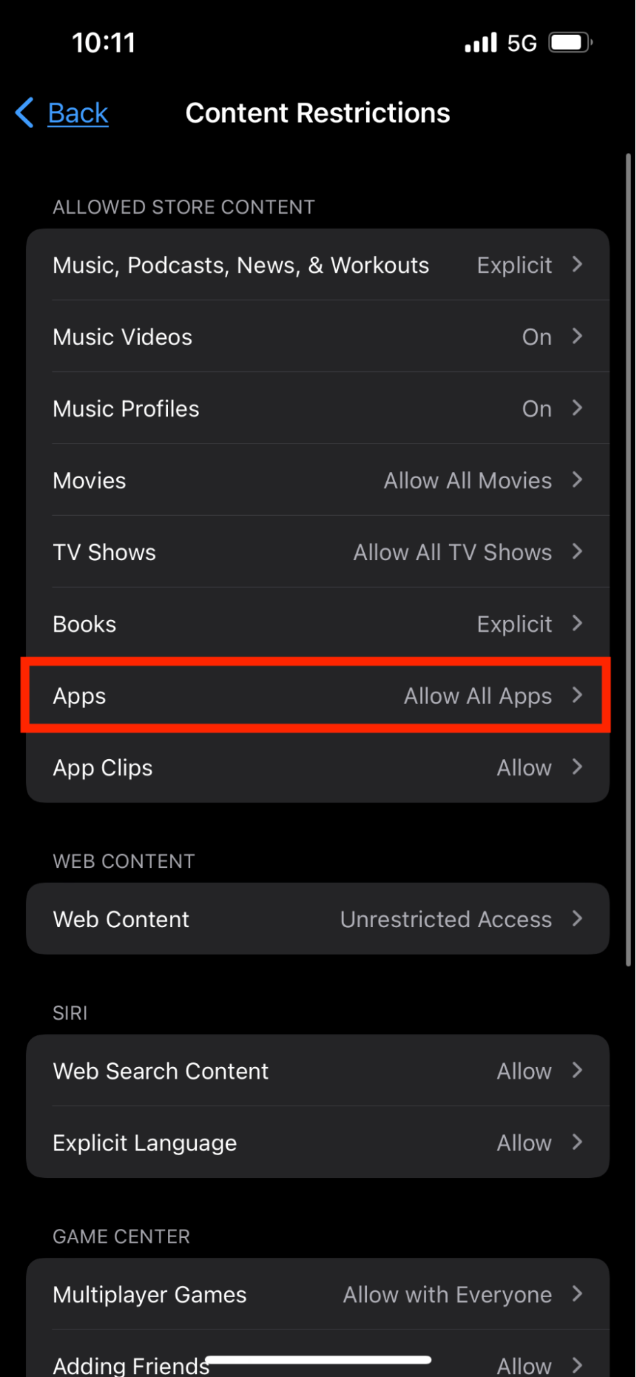 Content & Privacy Restrictions > Content Restrictions > Apps Content & Privacy Restrictions > Content Restrictions > Apps