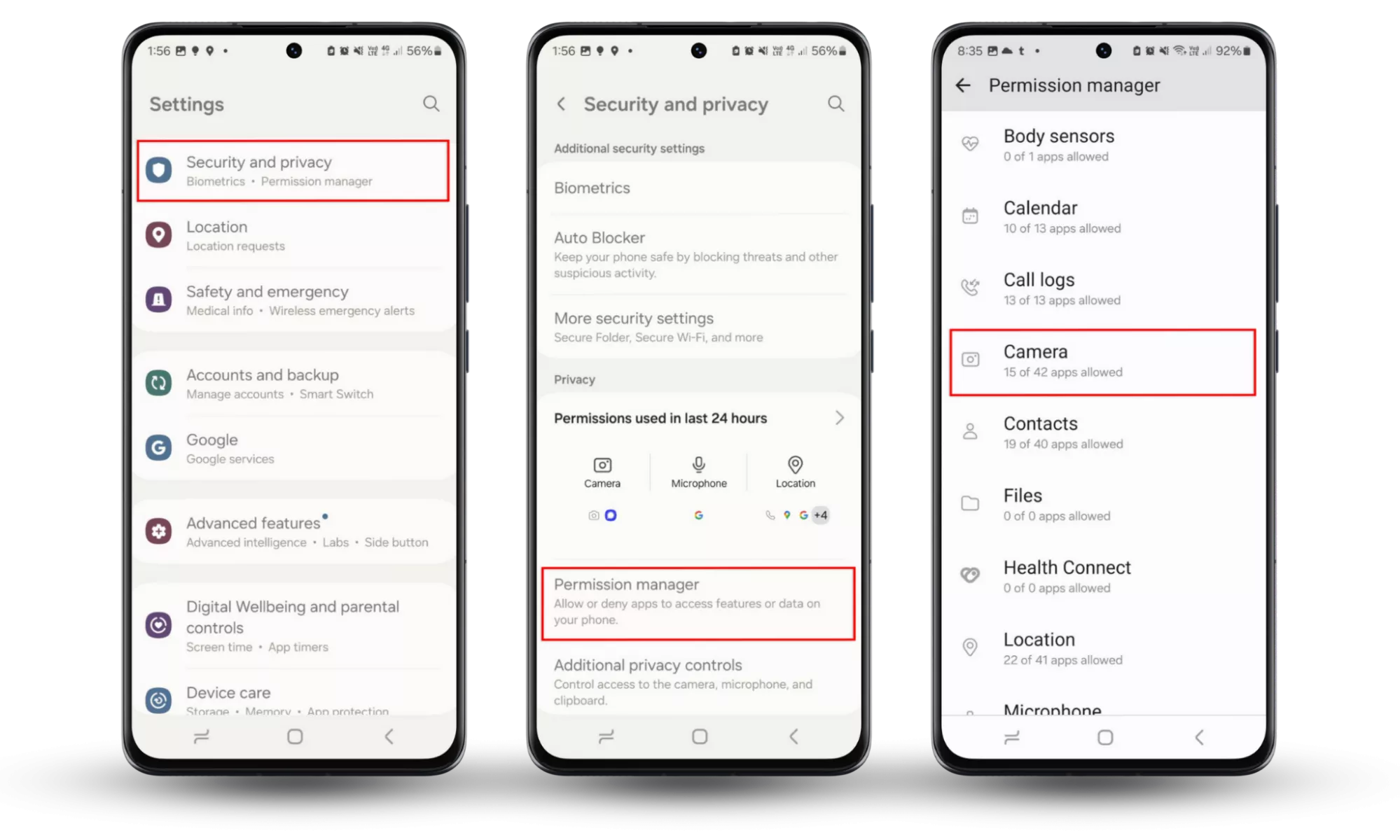 To know if your phone is being tracked, audit your permissions. Go to Settings > Security and Privacy > Permission manager, then choose a category.