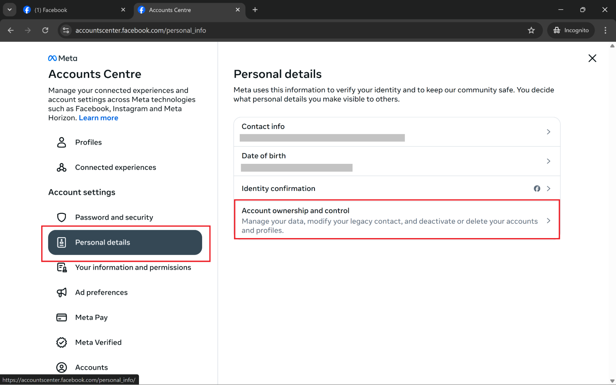Facebook web settings showing how to deactivate Facebook account through Personal details and Account ownership and control options in Accounts Centre Facebook web settings showing how to deactivate Facebook account through Personal details and Account ownership and control options in Accounts Centre