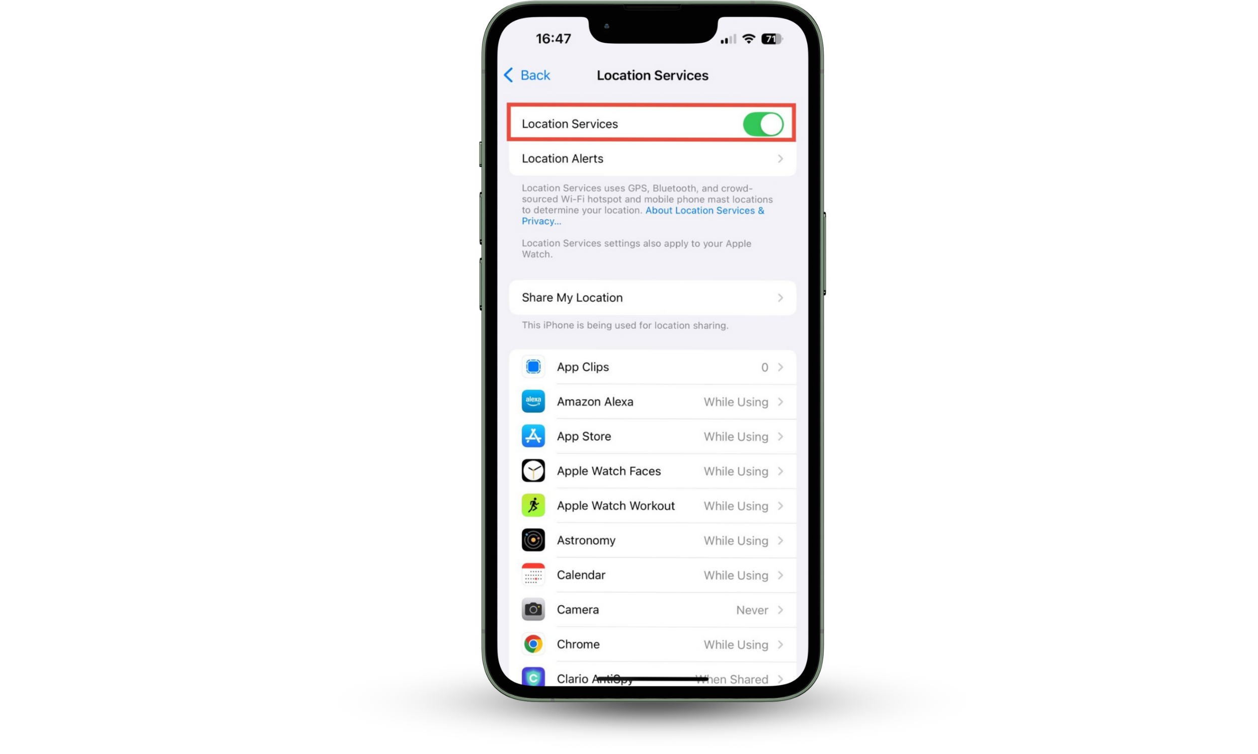 Location Services settings on an iPhone, showing how to disable Location Services. Is my ex husband tracking my iPhone? Prevent him by disabling Location Services. Location Services settings on an iPhone, showing how to disable Location Services. Is my ex husband tracking my iPhone? Prevent him by disabling Location Services.